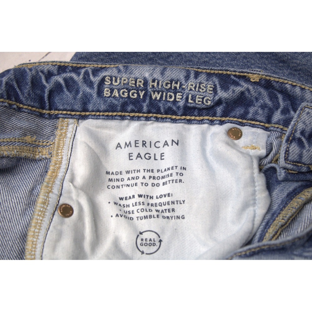 American Eagle Super High Rise Baggy Wide Leg Jeans Raw Hem Womens 10 Regular - Picture 6 of 9